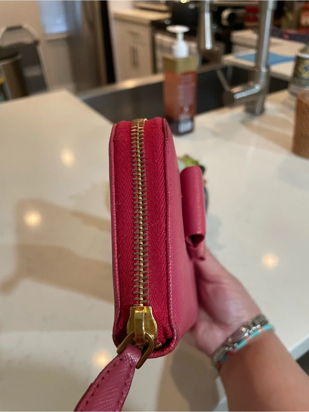 GUC Prada Pink Saffiano Metal Leather Bow Continental Wallet